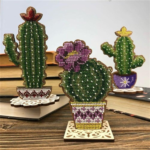 Cactus Bead Embroidery Kit On Wood