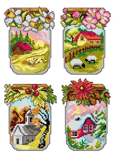 Counted cross stitch kit with plastic canvas "Four seasons jars" set of 4 designs 7698
