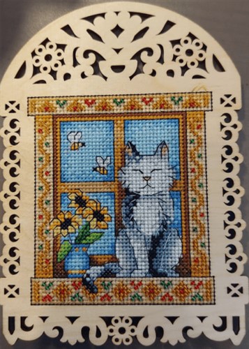 Grey Cat O-004 Counted Cross Stitch Kit on Plywood