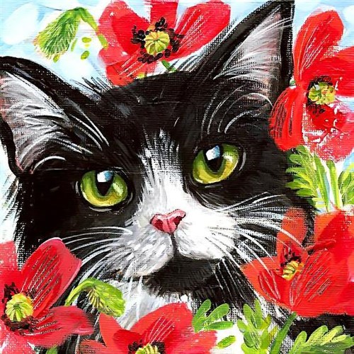 Cat in Flowers WD292 7.9 x 7.9 inches