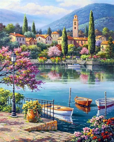 Village Lake Afternoon WD311 15.7 x 19.7 inches Wizardi Diamond Painting Kit