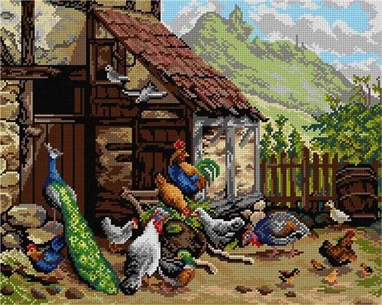 Gobelin Canvas For Halfstitch W/O Yarn Chickens & Peacocks