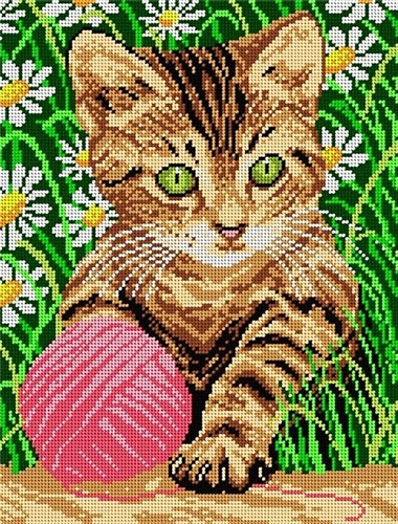 Little Cat In A Grass Needlepoint Canvas For Halfstitch W/O Yarn