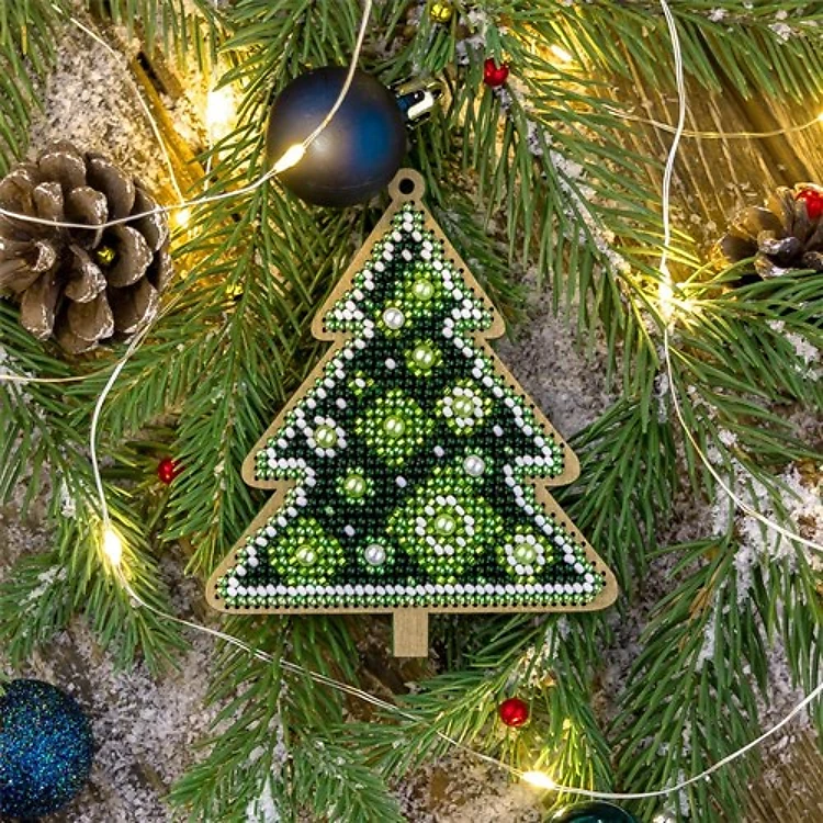 Christmas Tree Embroidery With Beads On Wood