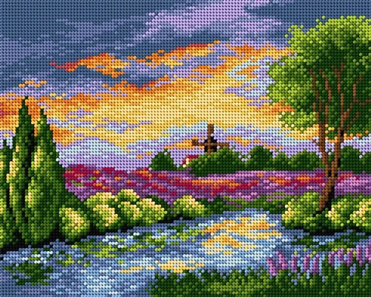 Landscape With Windmill Needlepoint Canvas For Halfstitch W/O Yarn