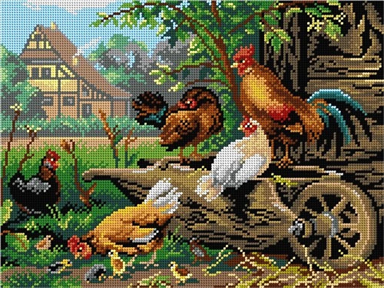 Carl Jutz - Farm Rooster Chickens Needlepoint Canvas For Halfstitch W/O Yarn