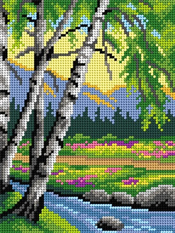 Needlepoint Canvas For Halfstitch W/O Yarn Landscape With A River And Birches