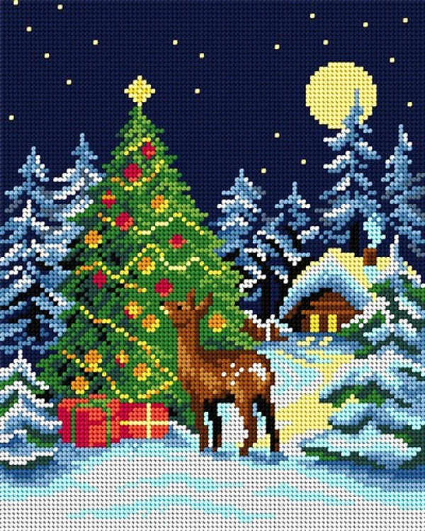 Christmas Tree In The Forest Needlepoint Canvas For Halfstitch W/O Yarn