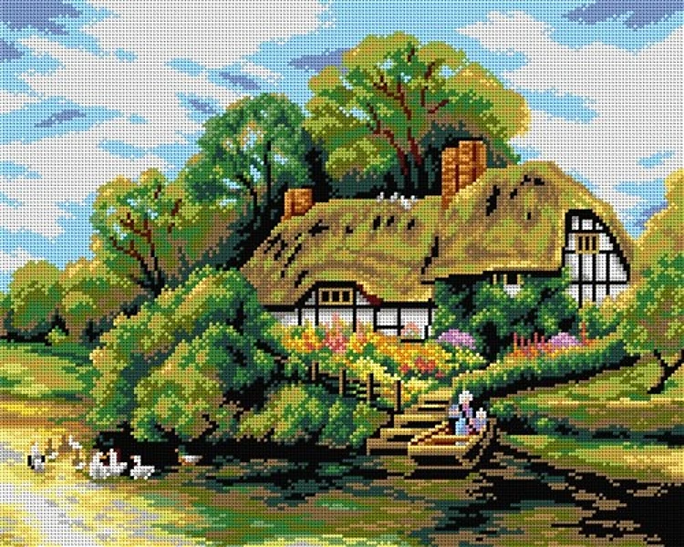 Large Cottage By A River Needlepoint Canvas For Halfstitch