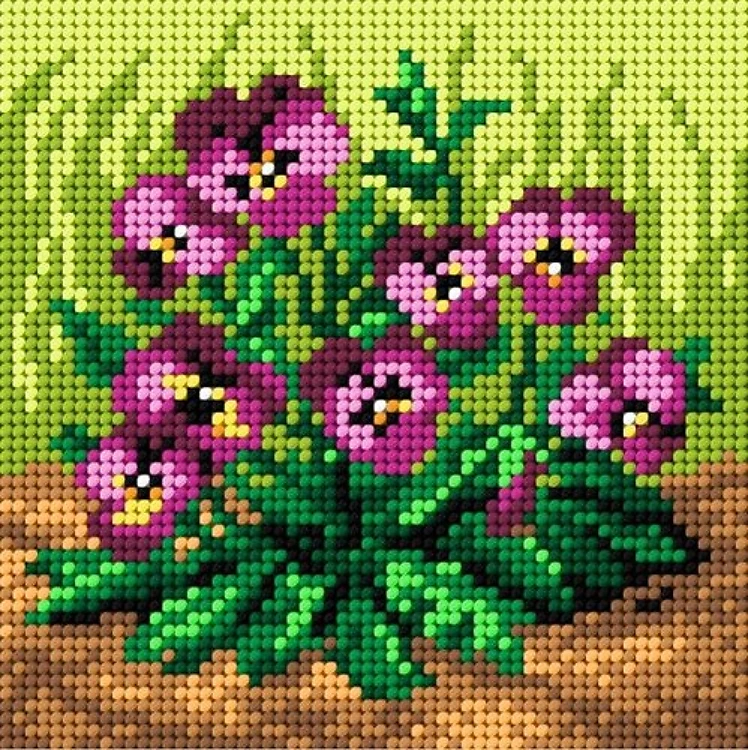 Purple Pansies Needlepoint Canvas For Halfstitch W/O Yarn