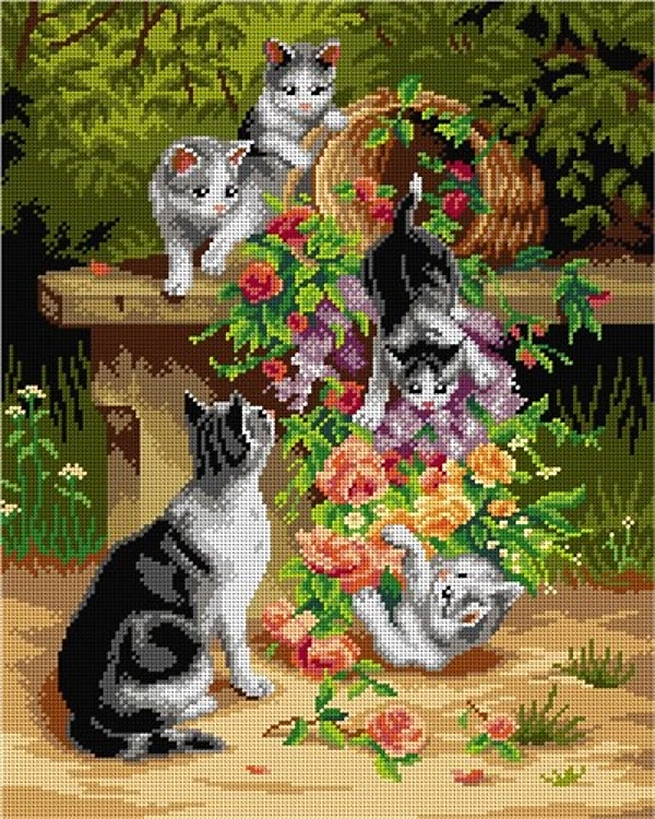 Carl Reichert - Cats and Flowers Needlepoint Canvas For Halfstitch W/O Yarn