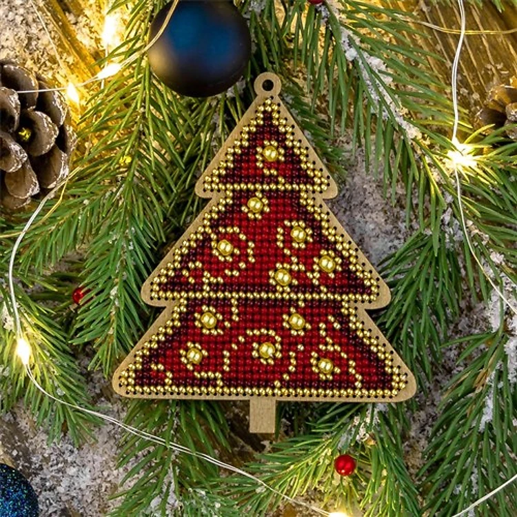 Christmas Tree Bead Embroidery On Wood
