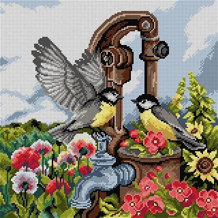 Birds At The Hand Pump Needlepoint Canvas For Halfstitch W/O Yarn