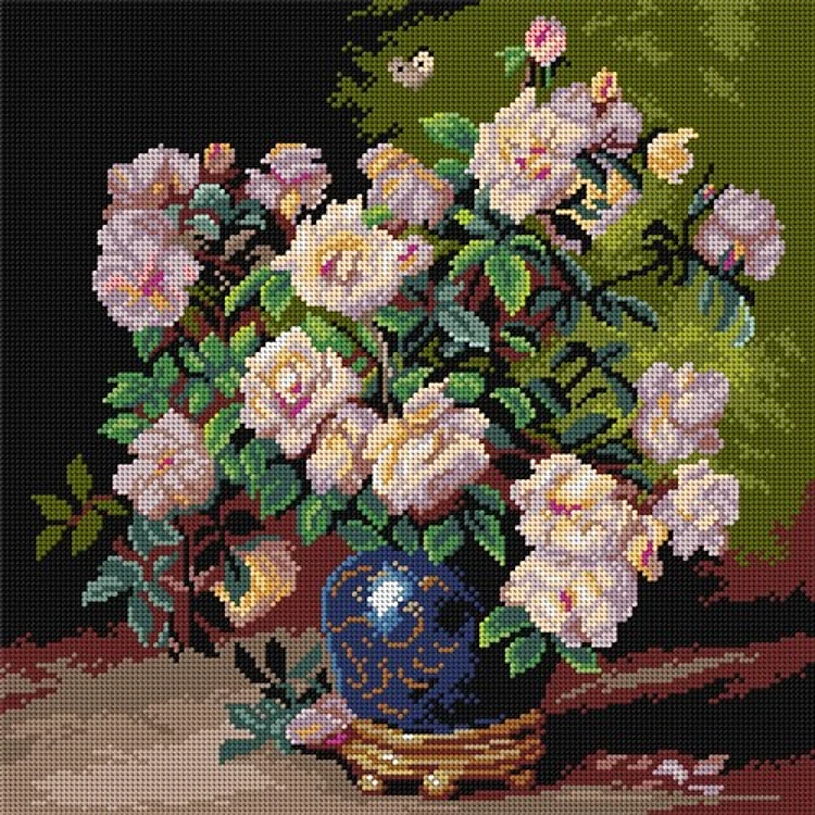 Roses In A Cobalt Vase Needlepoint Canvas For Halfstitch W/O Yarn