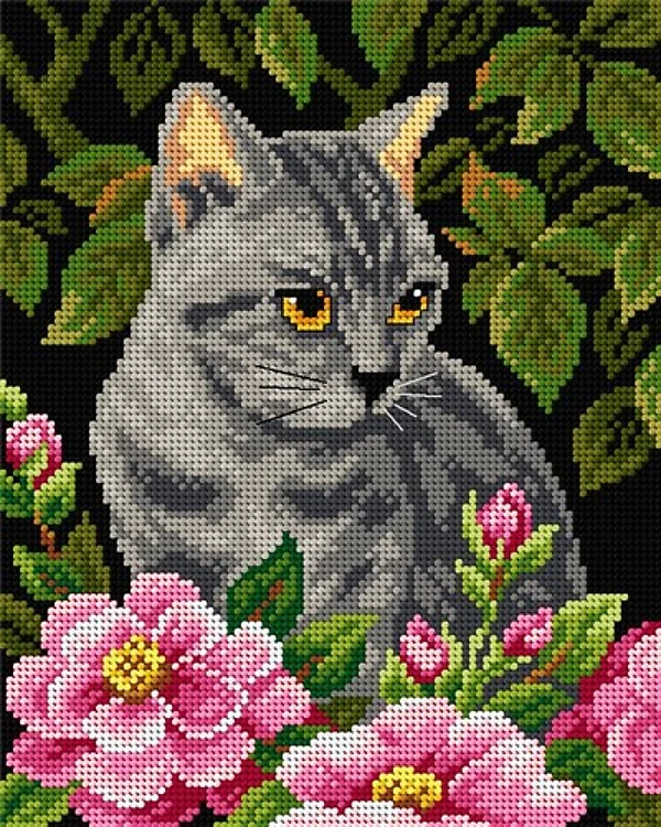 Needlepoint Canvas For Halfstitch W/O Yarn Kitten In The Garden