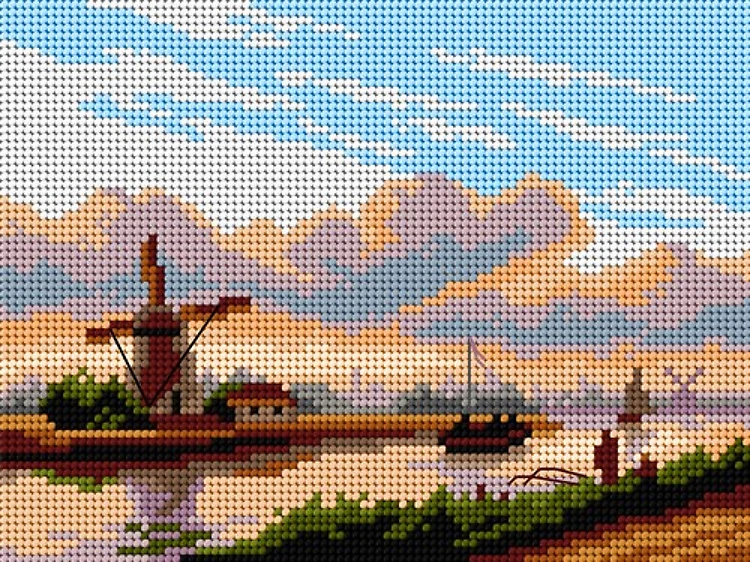 Needlepoint, Canvas For Halfstitch W/O Yarn - A Panoramic Summer Landscape With Barges
