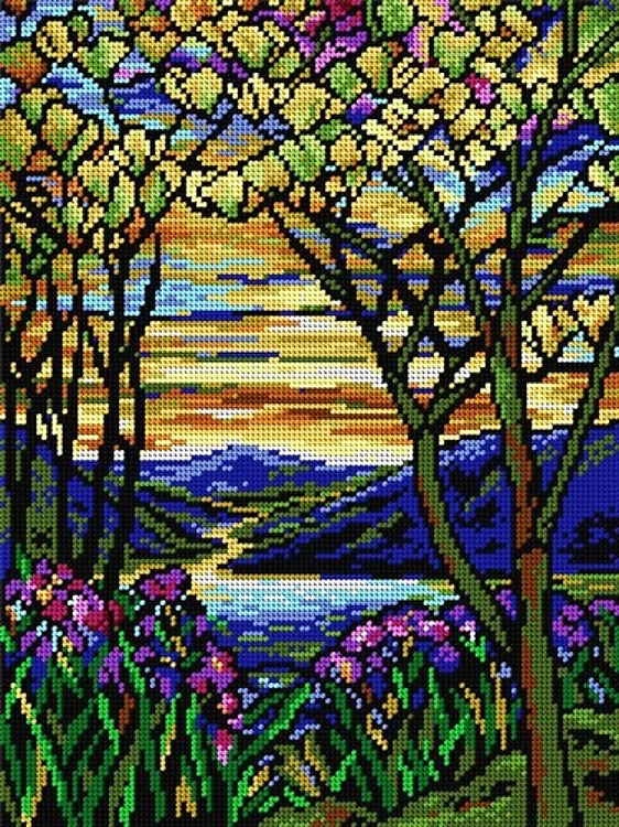 Needlepoint, Canvas For Halfstitch W/O Yarn Tiffany - Landscape With Iris And Flowering Magnolia