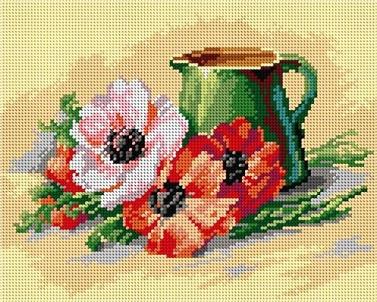 Needlepoint Canvas For Halfstitch W/O Yarn - Jug And Poppies