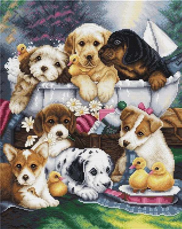 Bath Time Pups Cross Stitch Kit