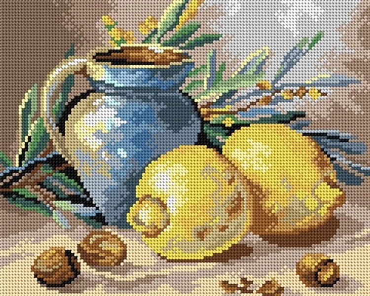 Still Life Pot Lemon Needlepoint Canvas For Halfstitch W/O Yarn