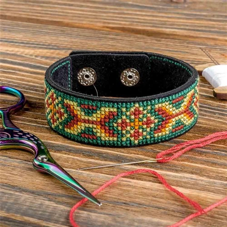 Cross Stitch Bracelet On Artificial Leather