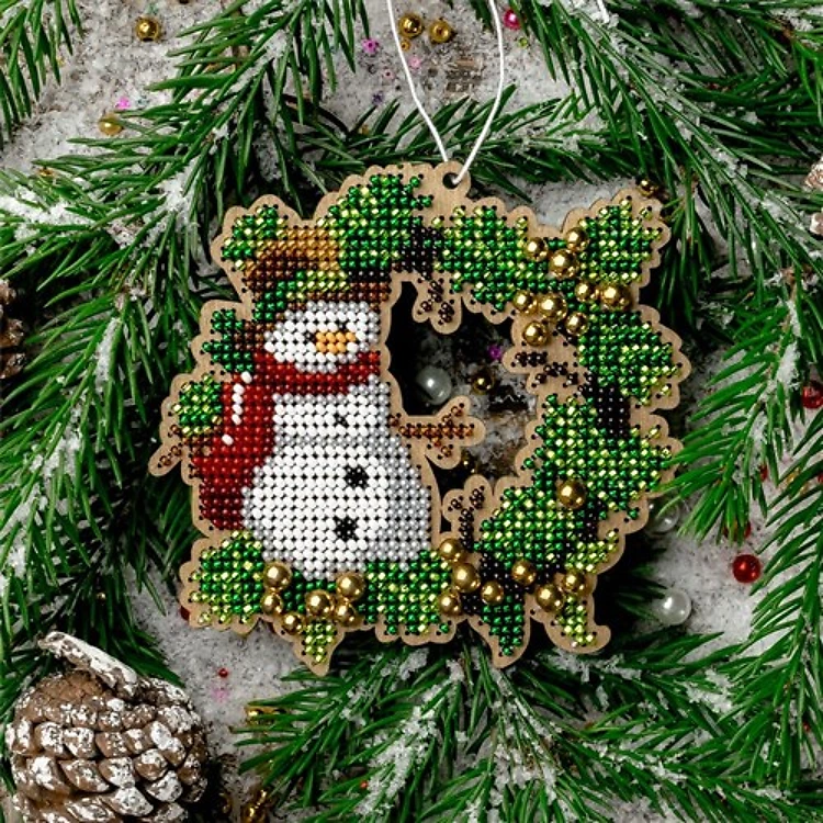 Snowman Bead Embroidery On Wood