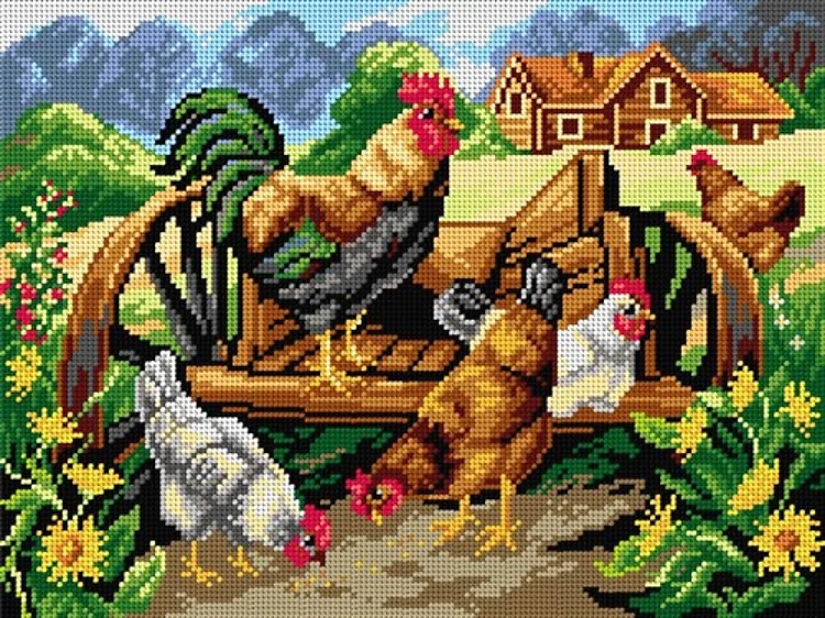 Needlepoint Canvas For Halfstitch W/O Yarn - Roaster And Chickens