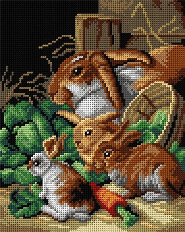 Needlepoint Canvas For Halfstitch W/O Yarn - A Rabbit Family With Carrots And Cabbages