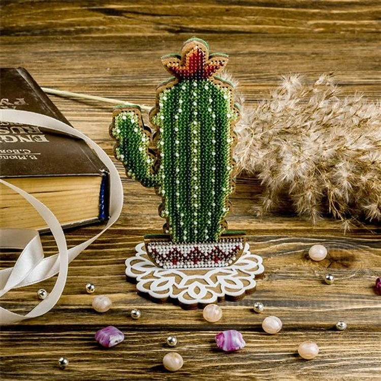 Cactus Bead Embroidery Kit On Wood