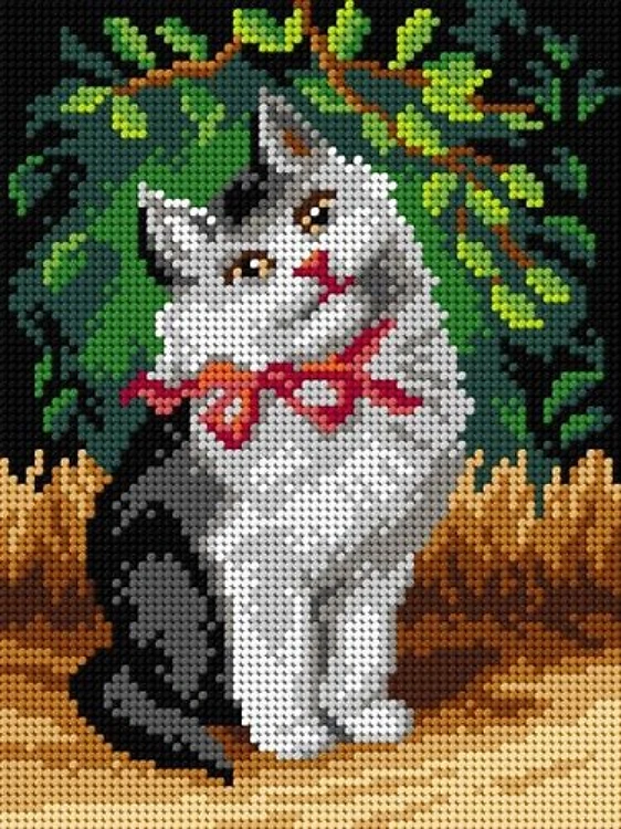 Needlepoint Canvas For Halfstitch W/O Yarn - A Cat with Ribbon