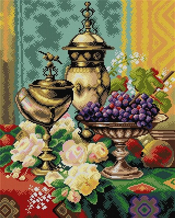 Needlepoint Canvas For Halfstitch W/O Yarn - Still Life With Roses Grapes And A Silver Inlaid Nautilus Shell