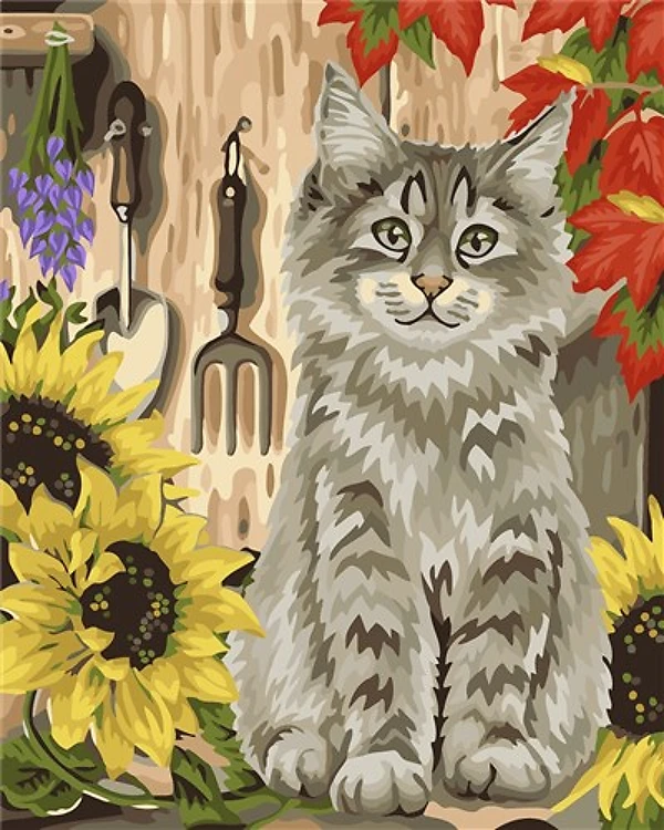 Painting by Numbers kit Crafting Spark Cat with Sunflowers H058 19.69 x 15.75 in