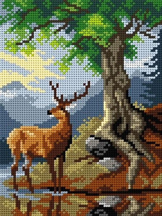 Needlepoint canvas for halfstitch without yarn after Friedrich Gauermann - A Stag by Lake Gosau 3173F - Printed Tapestry Canvas