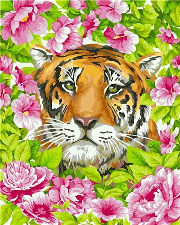 Painting by Numbers kit Crafting Spark Tiger with Flowers H099 19.69 x 15.75 in