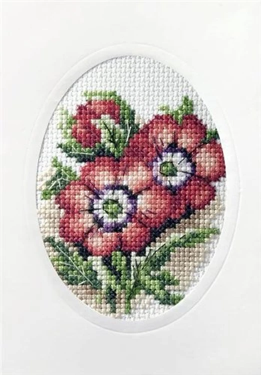 Complete cross stitch kit - greetings card "Red flowers" 6160