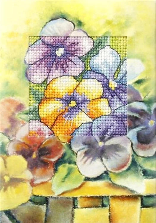 Complete cross stitch kit - greetings card "Pansies" 6213