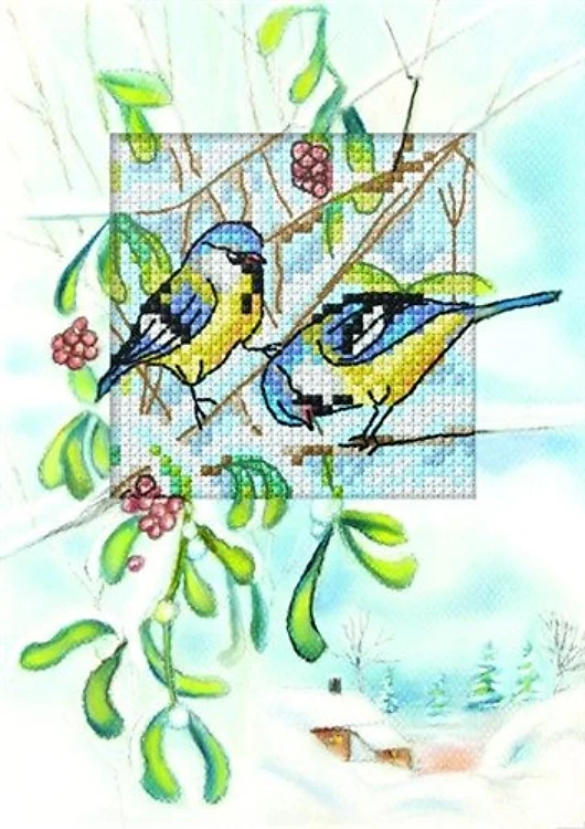 Complete counted cross stitch kit - greetings card "Blue Titmice" 6268