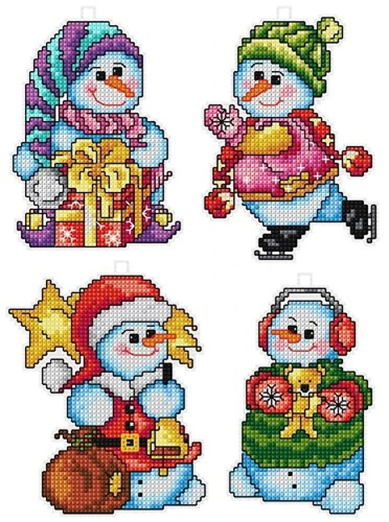 Counted cross stitch kit with plastic canvas "Snowmen" set of 4 designs 7609