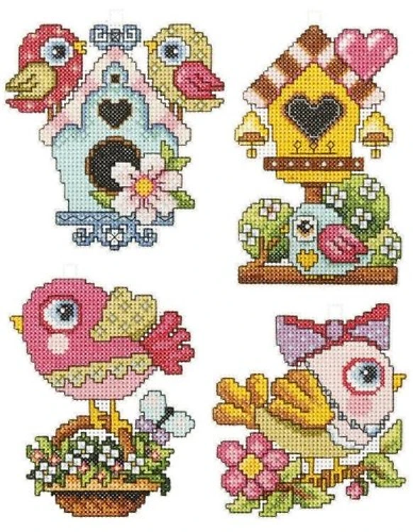 Counted cross stitch kit with plastic canvas "Birds" set of 4 designs 7642