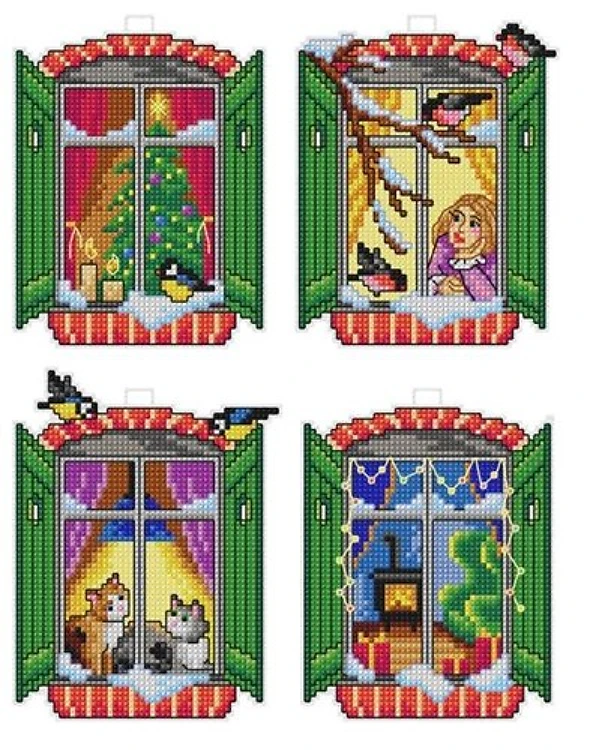 Counted cross stitch kit with plastic canvas "Winter windows" set of 4 designs 7674