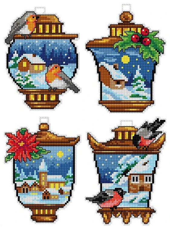 Counted cross stitch kit with plastic canvas "Winter Lantern" set of 4 designs 7688