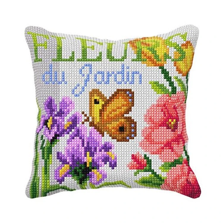 Cushion cross stitch kit "Butterfly, Irises and Rose"