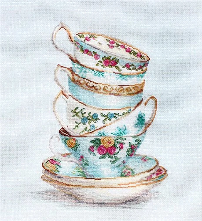 Turquoise Themed Tea Cups B2325L Counted Cross-Stitch Kit