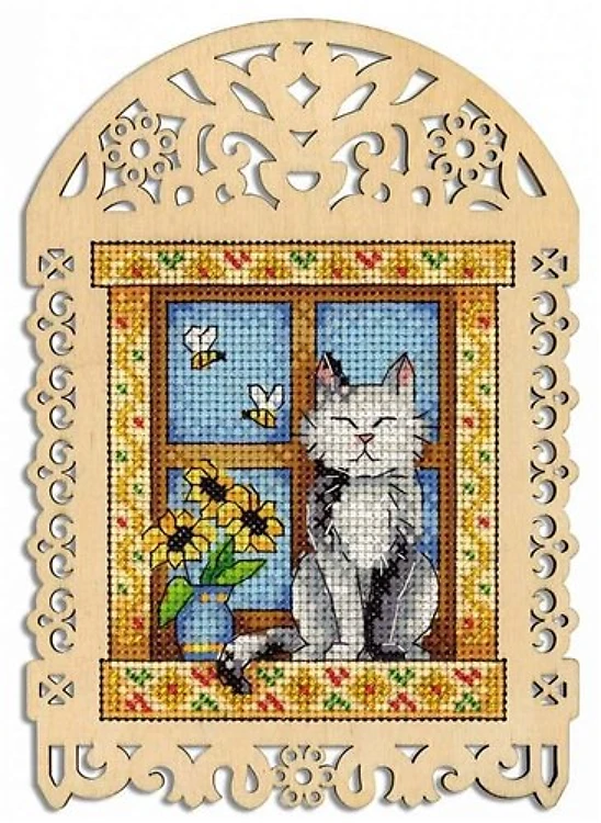 Grey Cat O-004 Counted Cross Stitch Kit on Plywood