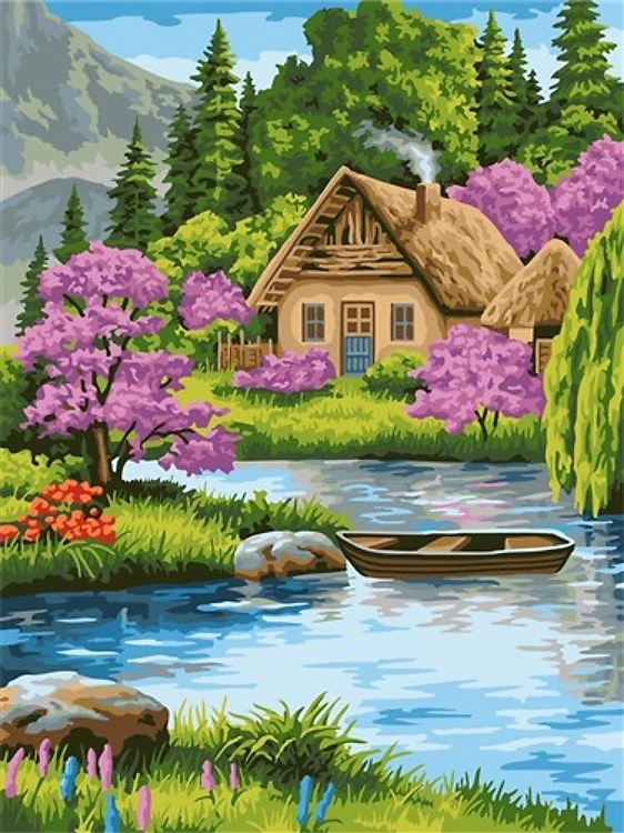 Painting by Numbers kit Crafting Spark House near Water S015 19.69 x 15.75 in