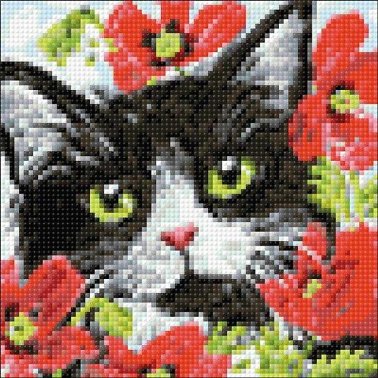 Cat in Flowers WD292 7.9 x 7.9 inches